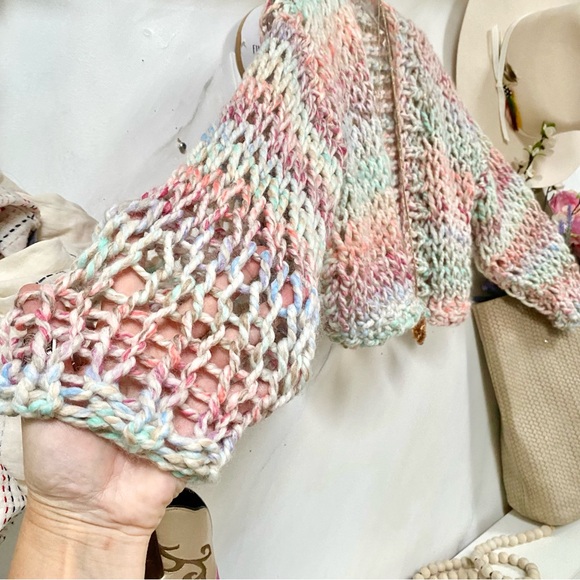 Artisan chunky knit cropped boho sweater w prairie shabby chic vibe - Picture 8 of 10